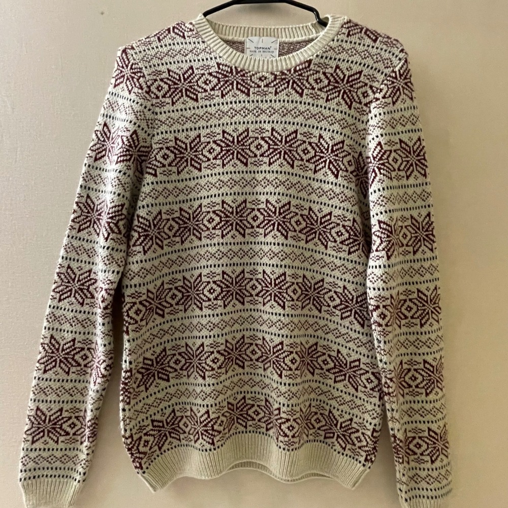 Topman Mens XS Fair Isle Snowflake Sweater Burgundy Cream Made in Britain UK‎